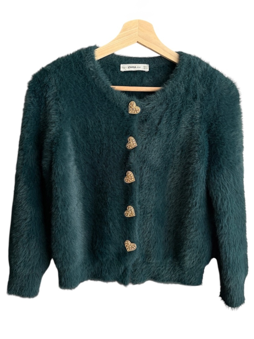Zara Women's Faux fur Emerald Green Fuzzy Cardigan Size S Gold heart Button
